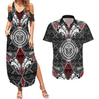 Black Aotearoa Tanilo Motif Couples Matching Summer Maxi Dress and Hawaiian Shirt Vintage Maori New Zealand Tribal Art Pattern