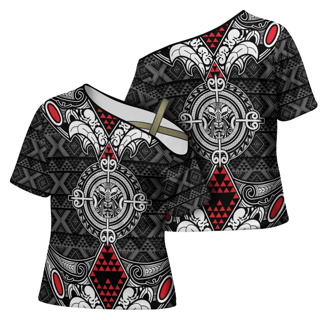 Black Aotearoa Taniko Motif Cross Shoulder Shirt Vintage Maori New Zealand Tribal Art Pattern - Polynesian Pride