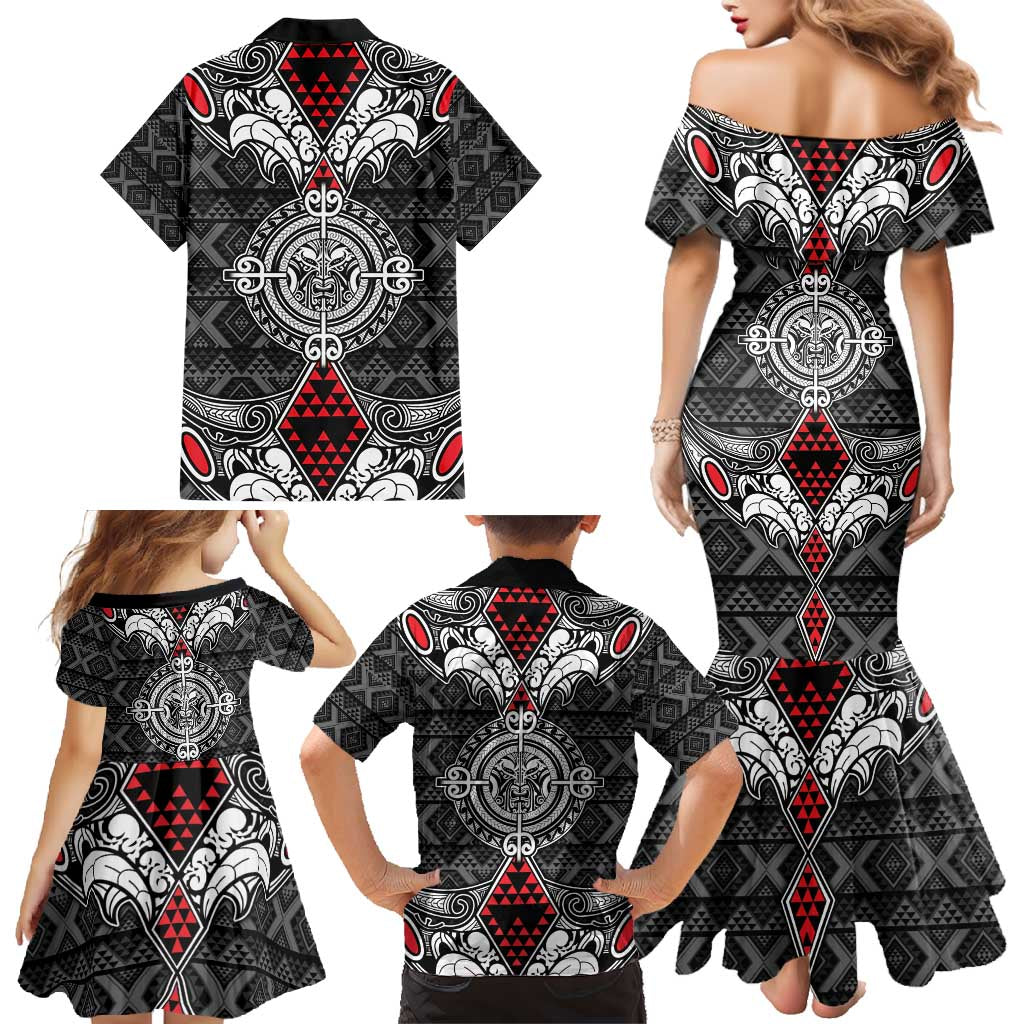 Black Aotearoa Tanilo Motif Family Matching Mermaid Dress and Hawaiian Shirt Vintage Maori New Zealand Tribal Art Pattern