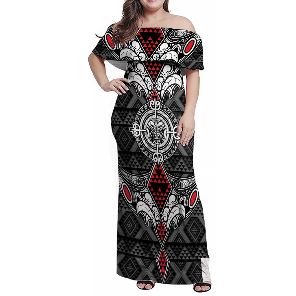 Black Aotearoa Tanilo Motif Family Matching Off Shoulder Maxi Dress and Hawaiian Shirt Vintage Maori New Zealand Tribal Art Pattern