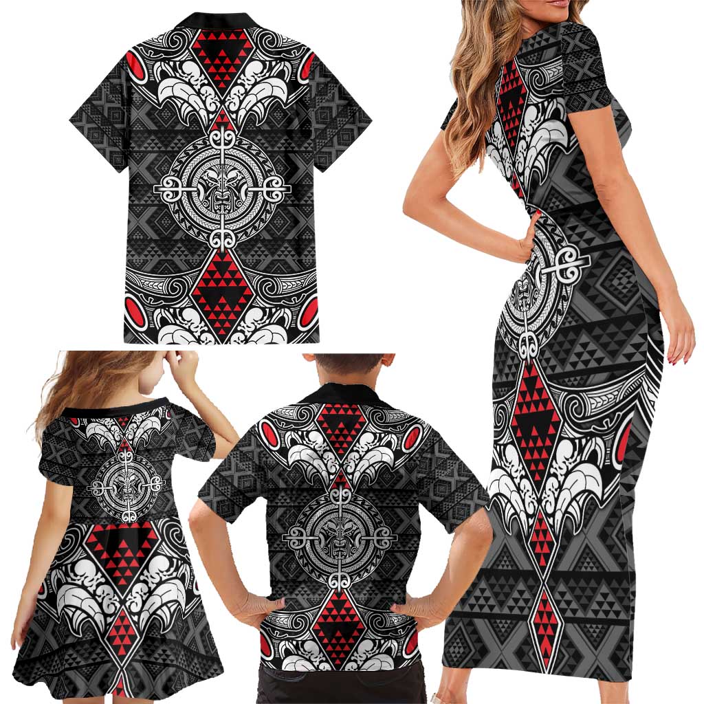 Black Aotearoa Tanilo Motif Family Matching Short Sleeve Bodycon Dress and Hawaiian Shirt Vintage Maori New Zealand Tribal Art Pattern