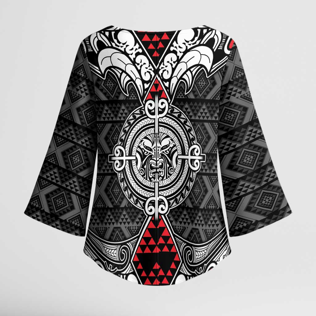 Black Aotearoa Taniko Motif Kimono Sleeve Blouse Vintage Maori New Zealand Tribal Art Pattern - Polynesian Pride