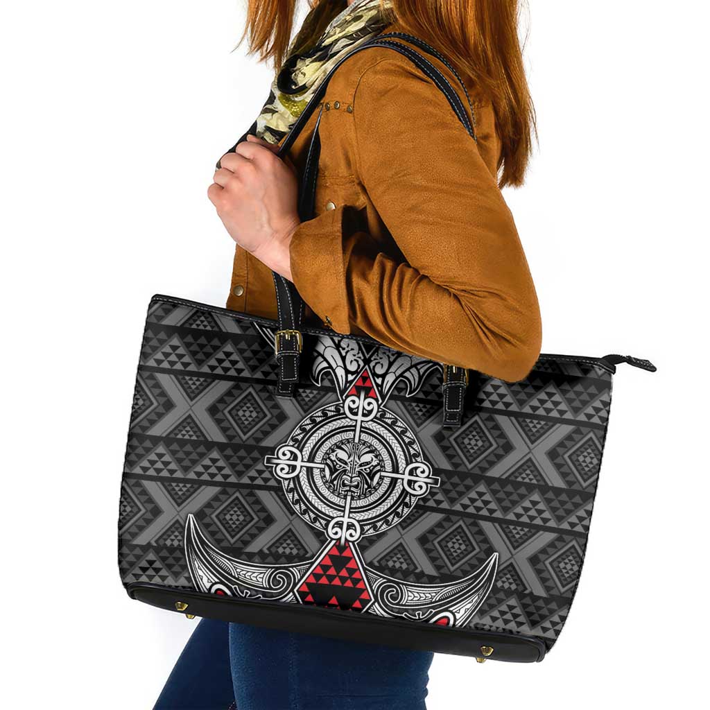 Black Aotearoa Taniko Motif Leather Tote Bag Vintage Maori New Zealand Tribal Art Pattern