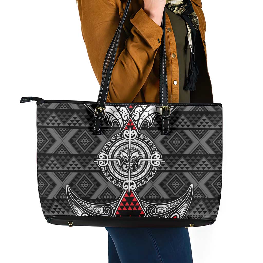 Black Aotearoa Taniko Motif Leather Tote Bag Vintage Maori New Zealand Tribal Art Pattern
