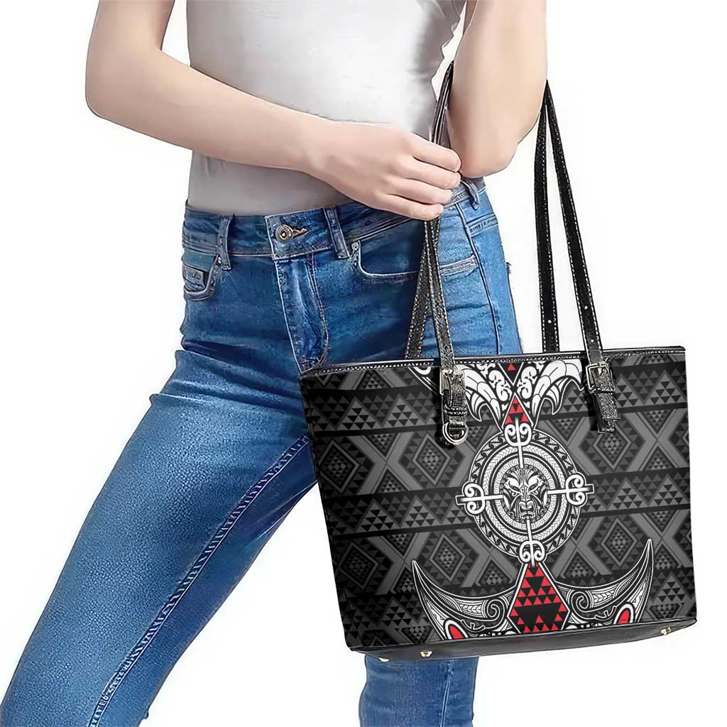 Black Aotearoa Taniko Motif Leather Tote Bag Vintage Maori New Zealand Tribal Art Pattern