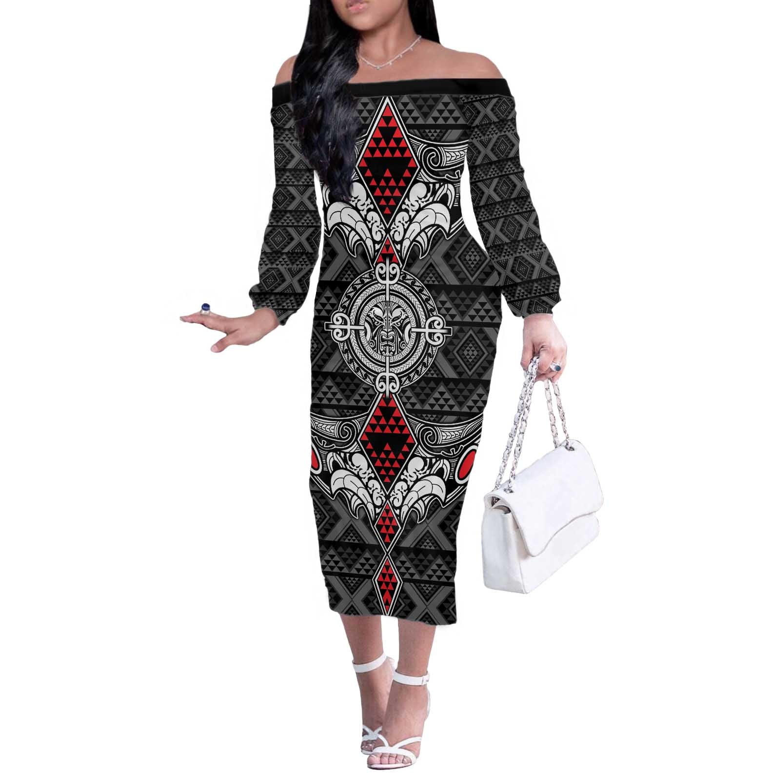 Black Aotearoa Tanilo Motif Off The Shoulder Long Sleeve Dress Vintage Maori New Zealand Tribal Art Pattern