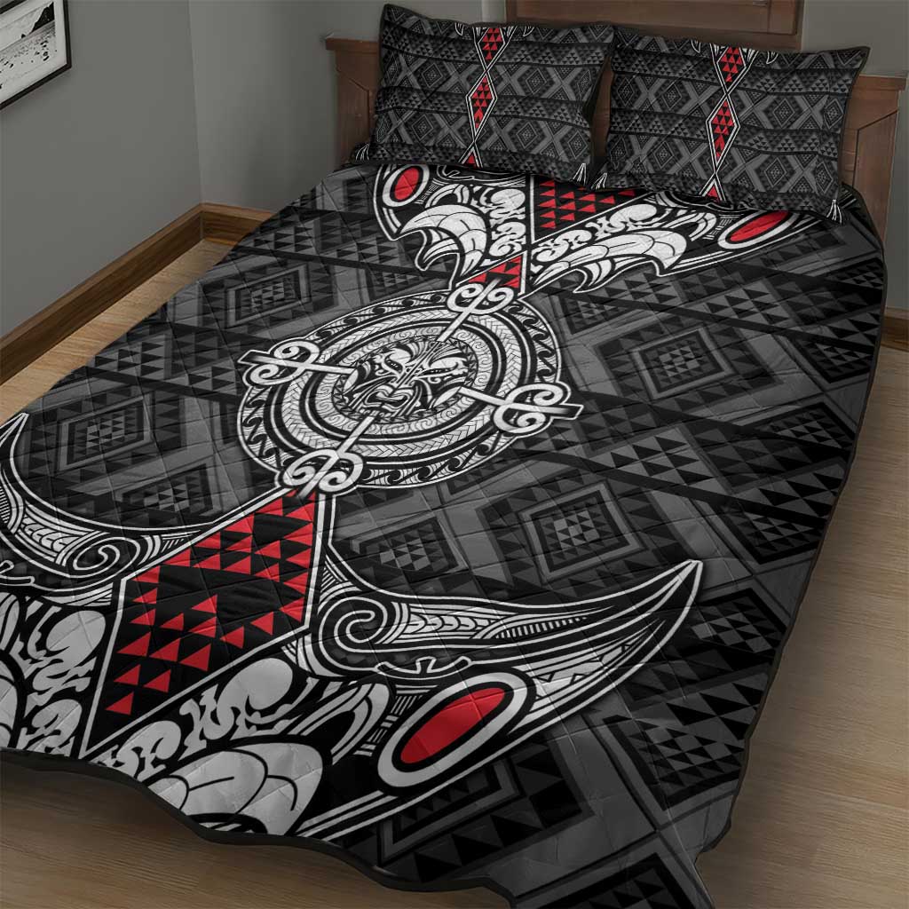 Black Aotearoa Taniko Motif Quilt Bed Set Vintage Maori New Zealand Tribal Art Pattern