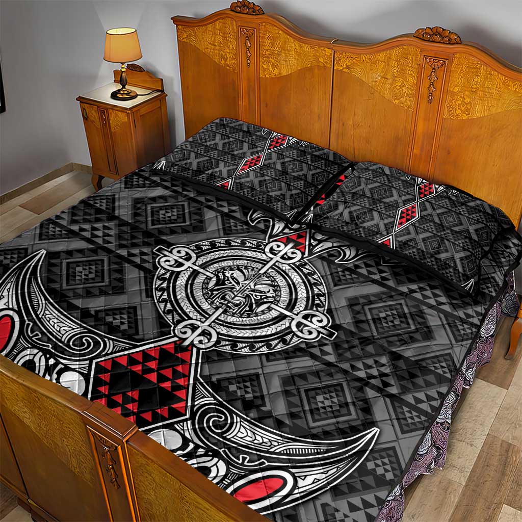 Black Aotearoa Taniko Motif Quilt Bed Set Vintage Maori New Zealand Tribal Art Pattern