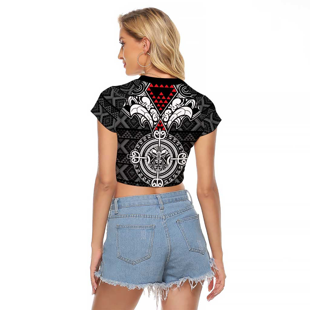 Black Aotearoa Tanilo Motif Raglan Cropped T Shirt Vintage Maori New Zealand Tribal Art Pattern