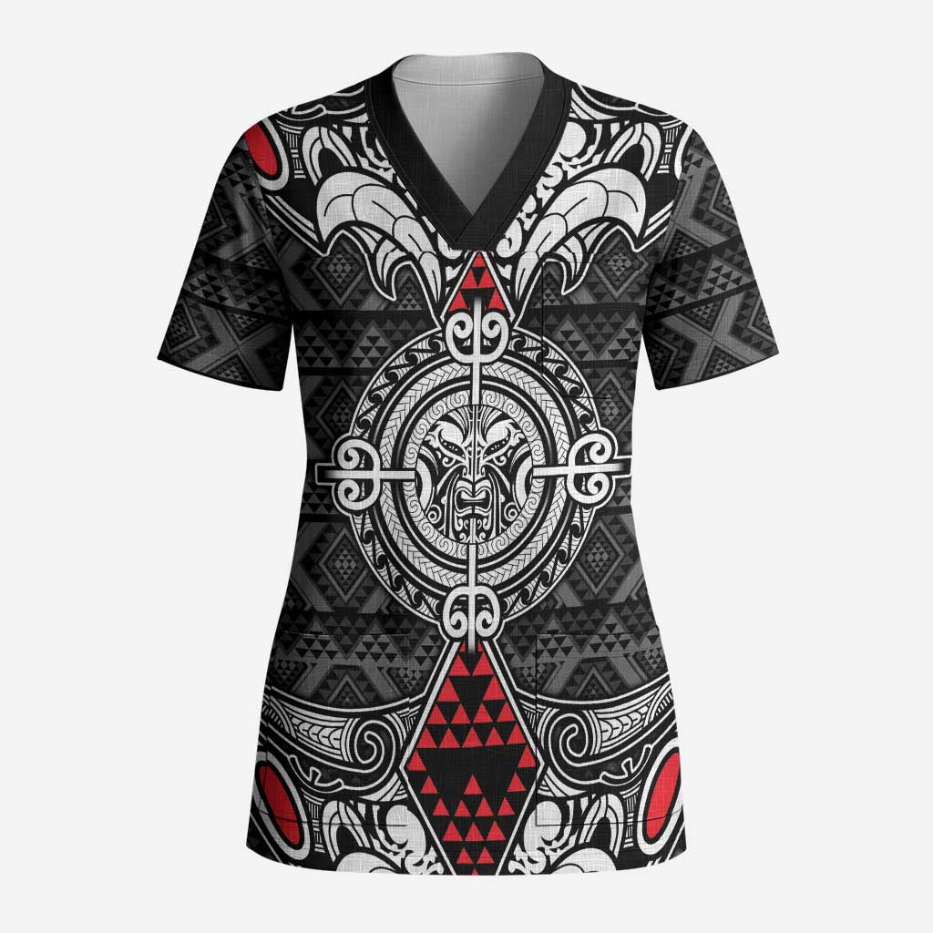 Black Aotearoa Taniko Motif Scrub Top Vintage Maori New Zealand Tribal Art Pattern - Polynesian Pride