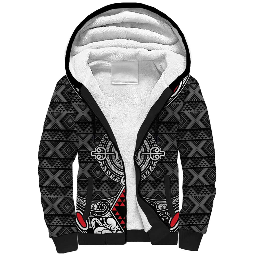 Black Aotearoa Tanilo Motif Sherpa Hoodie Vintage Maori New Zealand Tribal Art Pattern