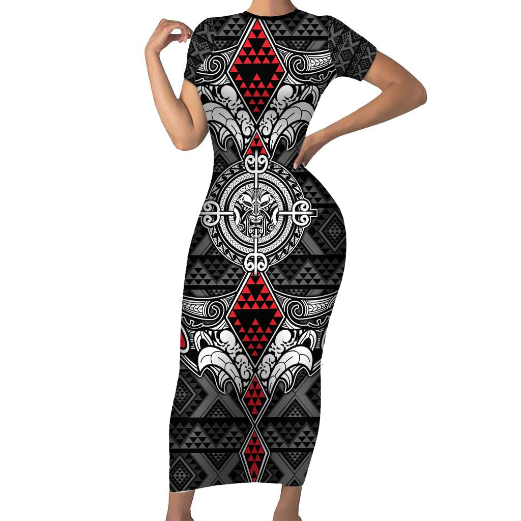 Black Aotearoa Tanilo Motif Short Sleeve Bodycon Dress Vintage Maori New Zealand Tribal Art Pattern