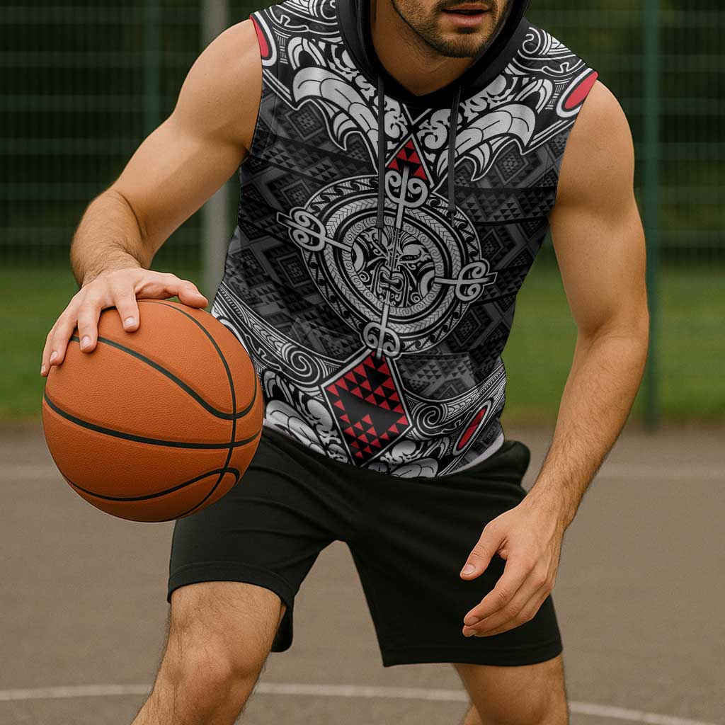 Black Aotearoa Taniko Motif Sleeveless Hoodie Vintage Maori New Zealand Tribal Art Pattern - Polynesian Pride