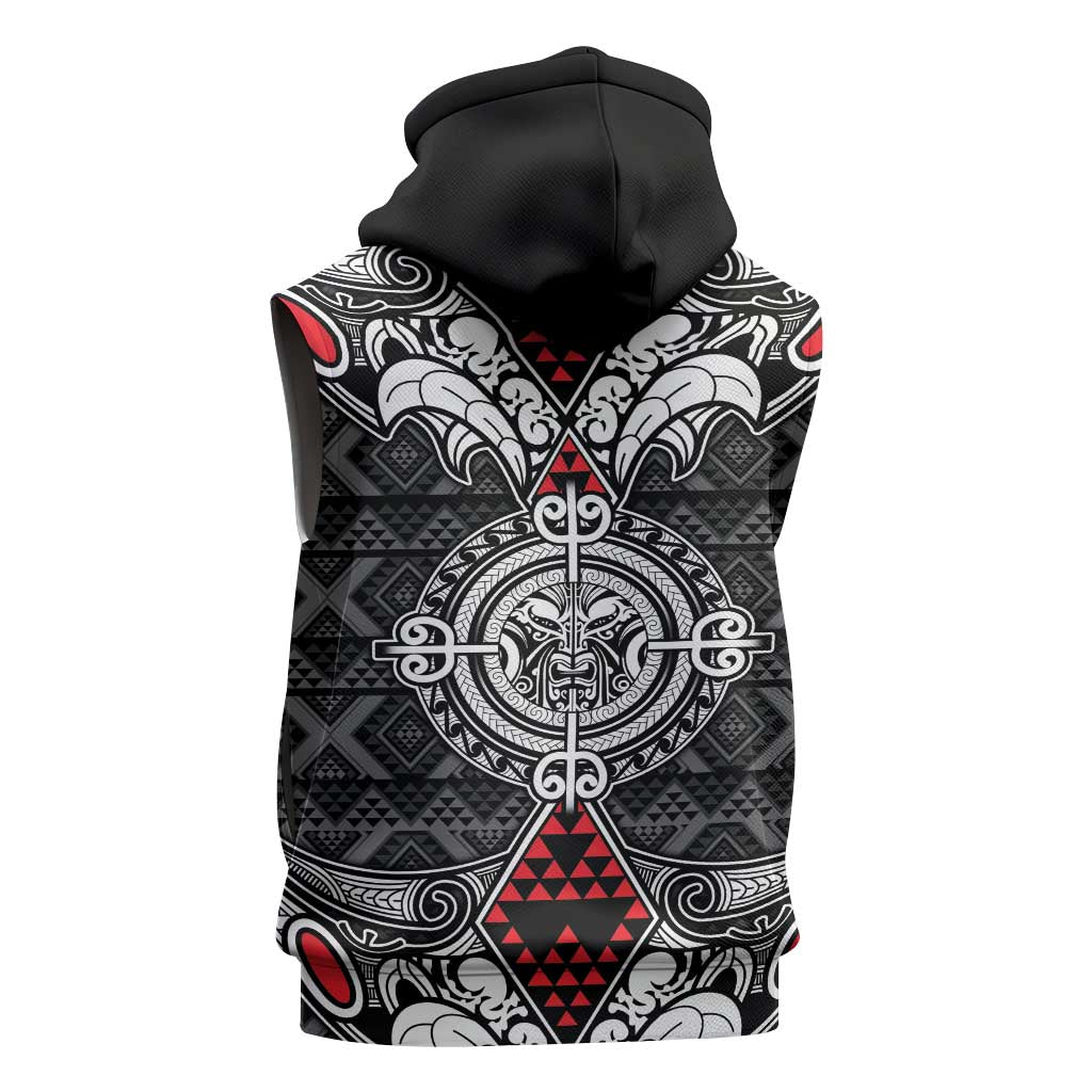 Black Aotearoa Taniko Motif Sleeveless Zip Hoodie Vintage Maori New Zealand Tribal Art Pattern - Polynesian Pride