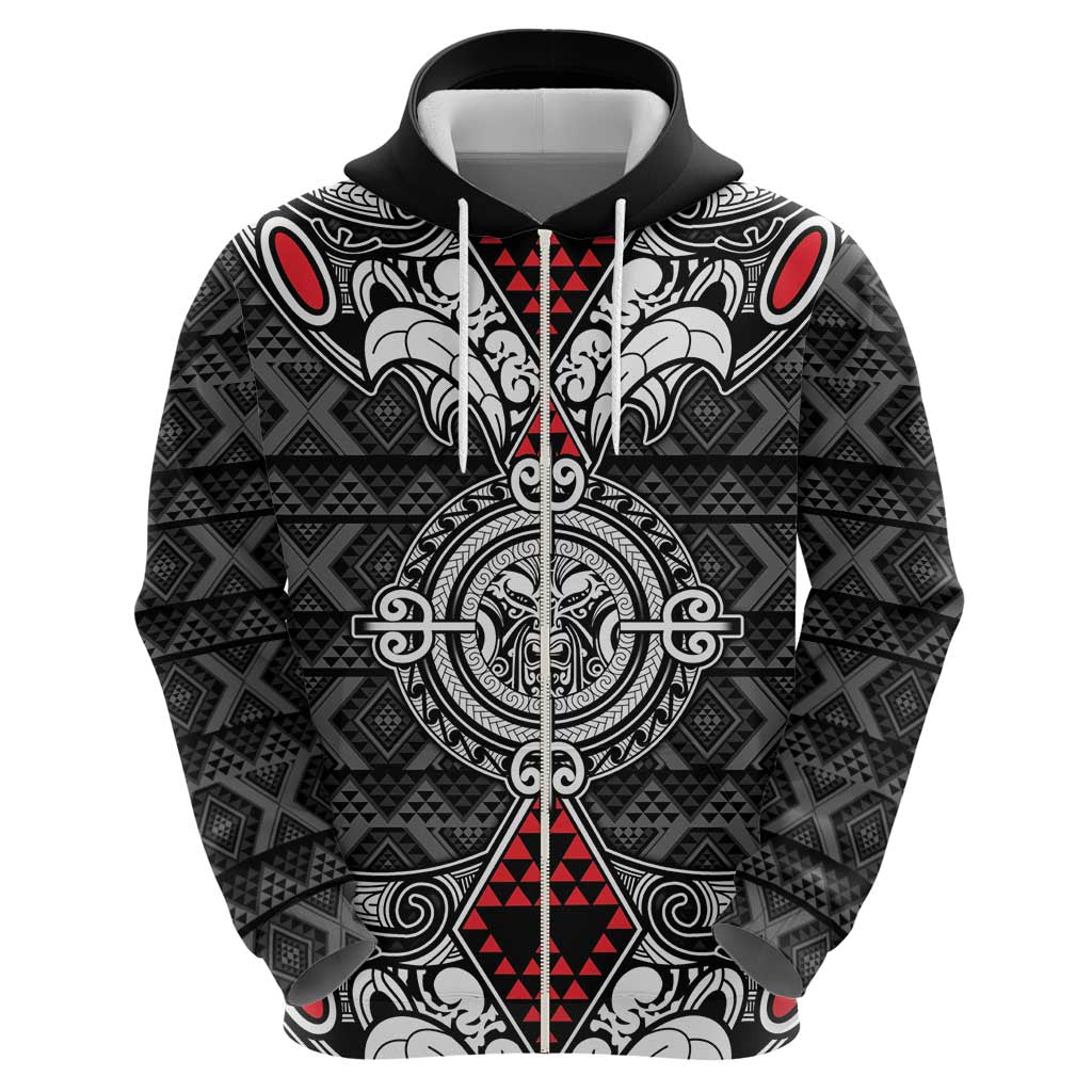 Black Aotearoa Tanilo Motif Zip Hoodie Vintage Maori New Zealand Tribal Art Pattern