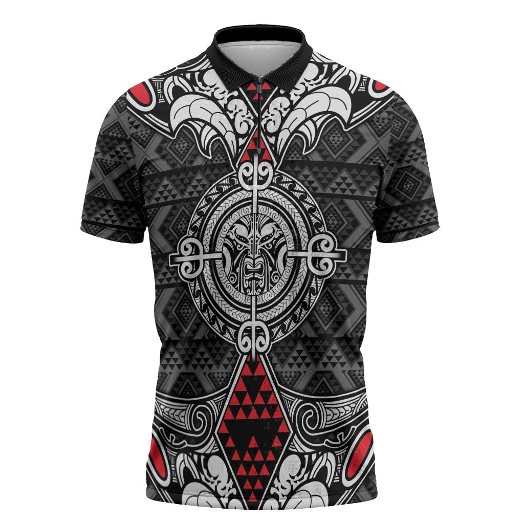 Black Aotearoa Taniko Motif Zipper Polo Shirt Vintage Maori New Zealand Tribal Art Pattern - Polynesian Pride