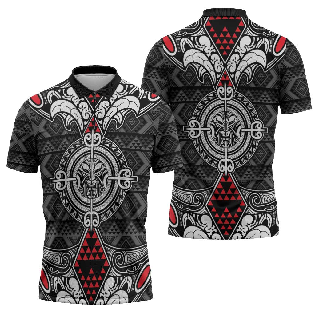 Black Aotearoa Taniko Motif Zipper Polo Shirt Vintage Maori New Zealand Tribal Art Pattern - Polynesian Pride