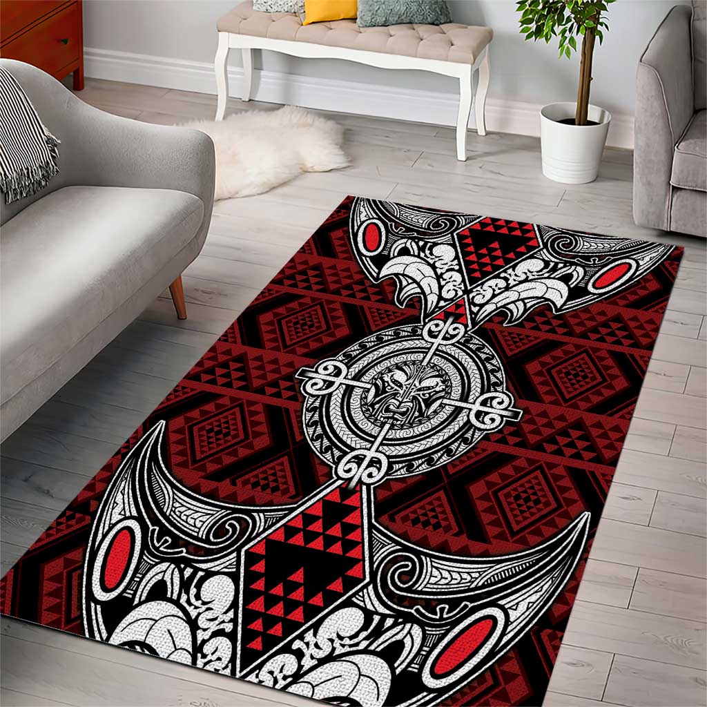 Red Aotearoa Taniko Motif Area Rug Vintage Maori New Zealand Tribal Art Pattern