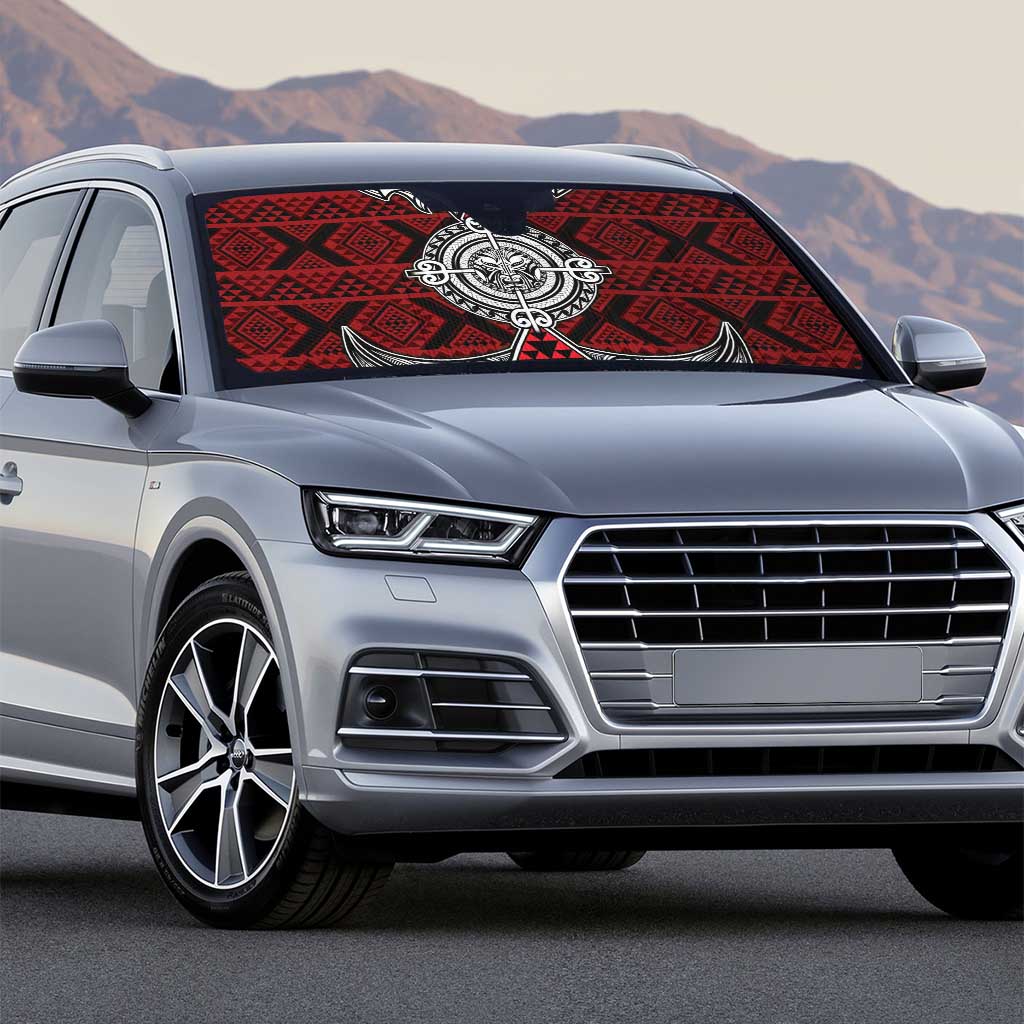 Red Aotearoa Taniko Motif Auto Sun Shade Vintage Maori New Zealand Tribal Art Pattern - Polynesian Pride