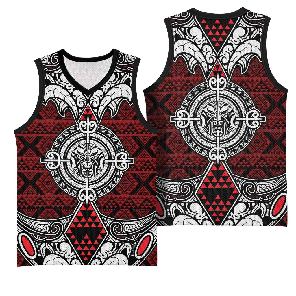 Red Aotearoa Taniko Motif Basketball Jersey Vintage Maori New Zealand Tribal Art Pattern - Polynesian Pride