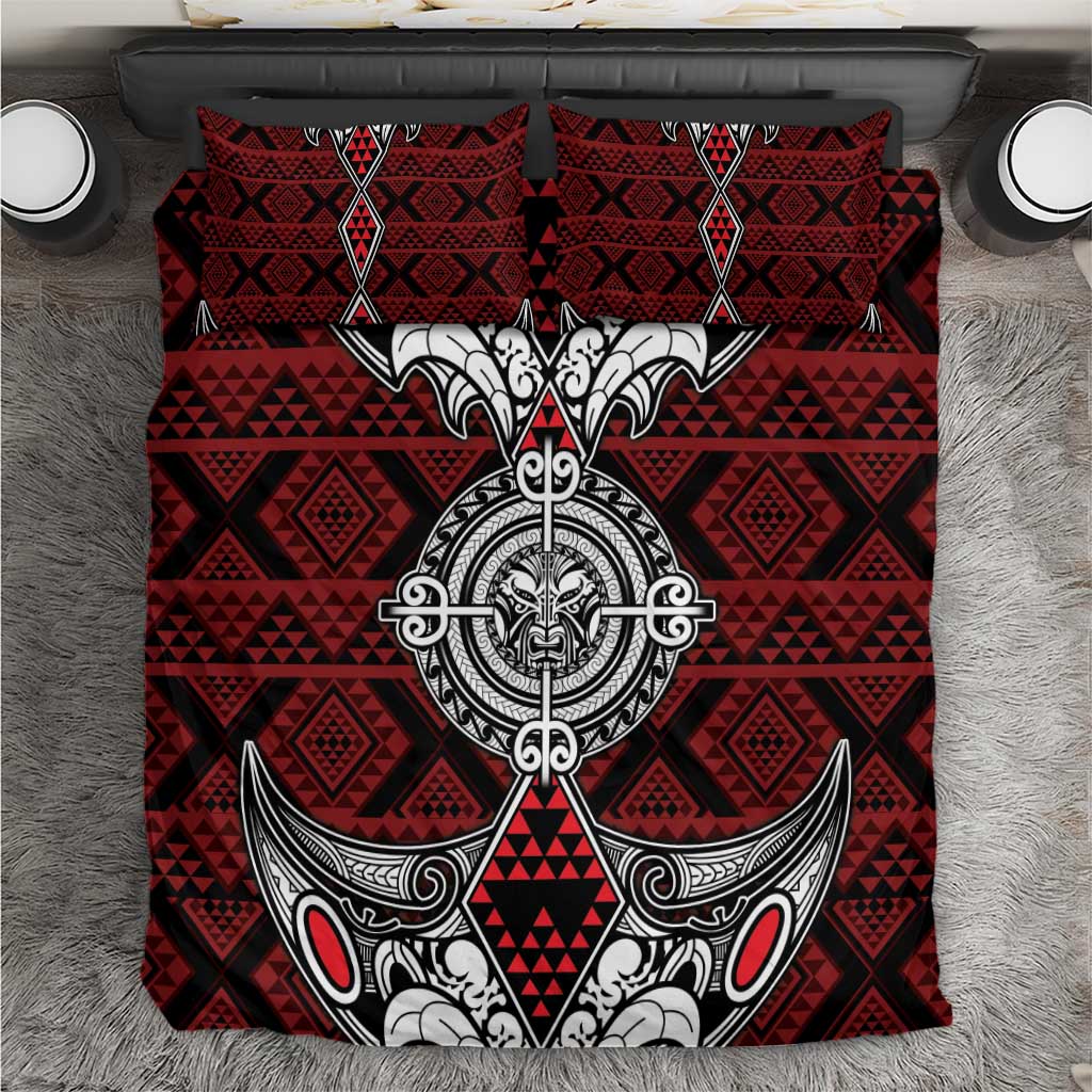 Red Aotearoa Taniko Motif Bedding Set Vintage Maori New Zealand Tribal Art Pattern