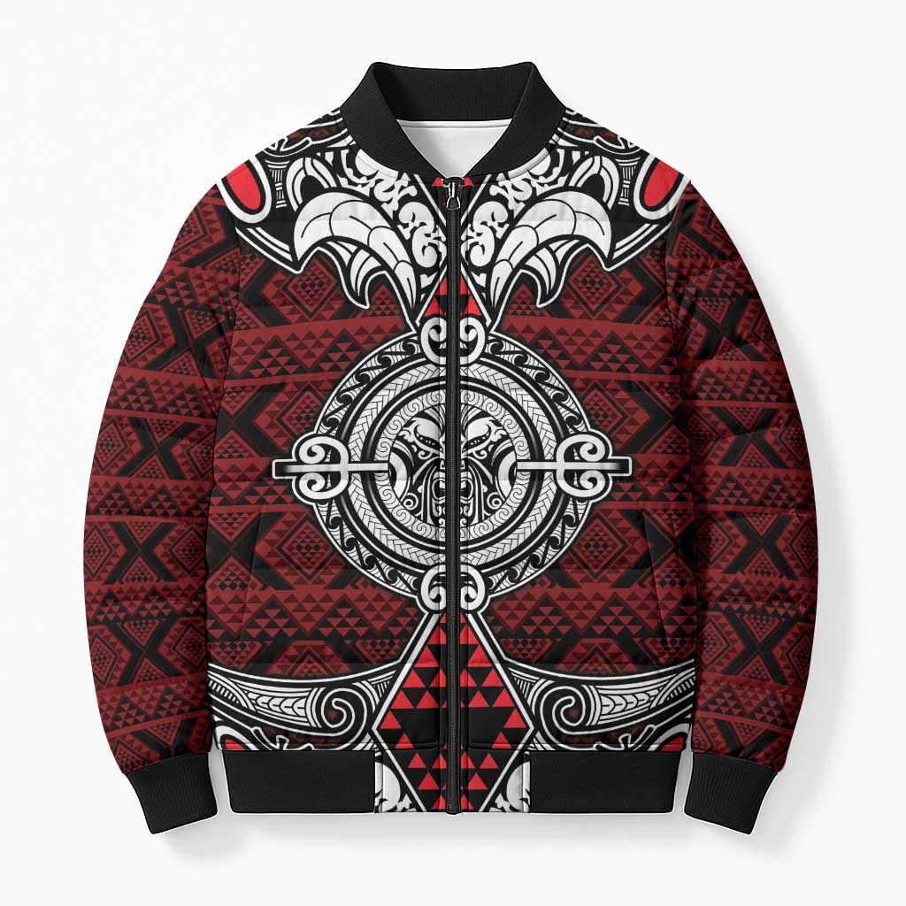 Red Aotearoa Taniko Motif Bomber Puffer Jacket Vintage Maori New Zealand Tribal Art Pattern - Polynesian Pride