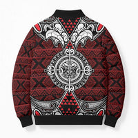 Red Aotearoa Taniko Motif Bomber Puffer Jacket Vintage Maori New Zealand Tribal Art Pattern - Polynesian Pride