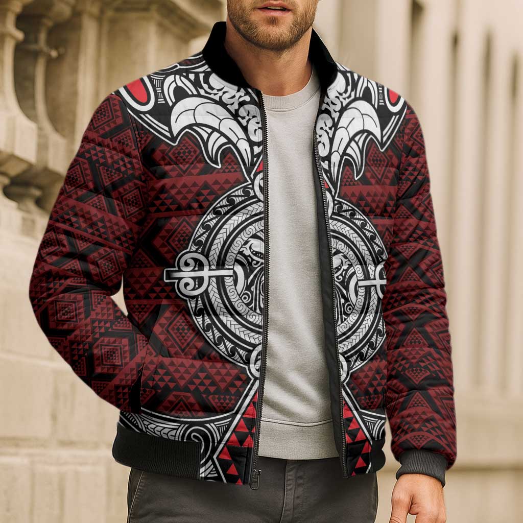 Red Aotearoa Taniko Motif Bomber Puffer Jacket Vintage Maori New Zealand Tribal Art Pattern - Polynesian Pride