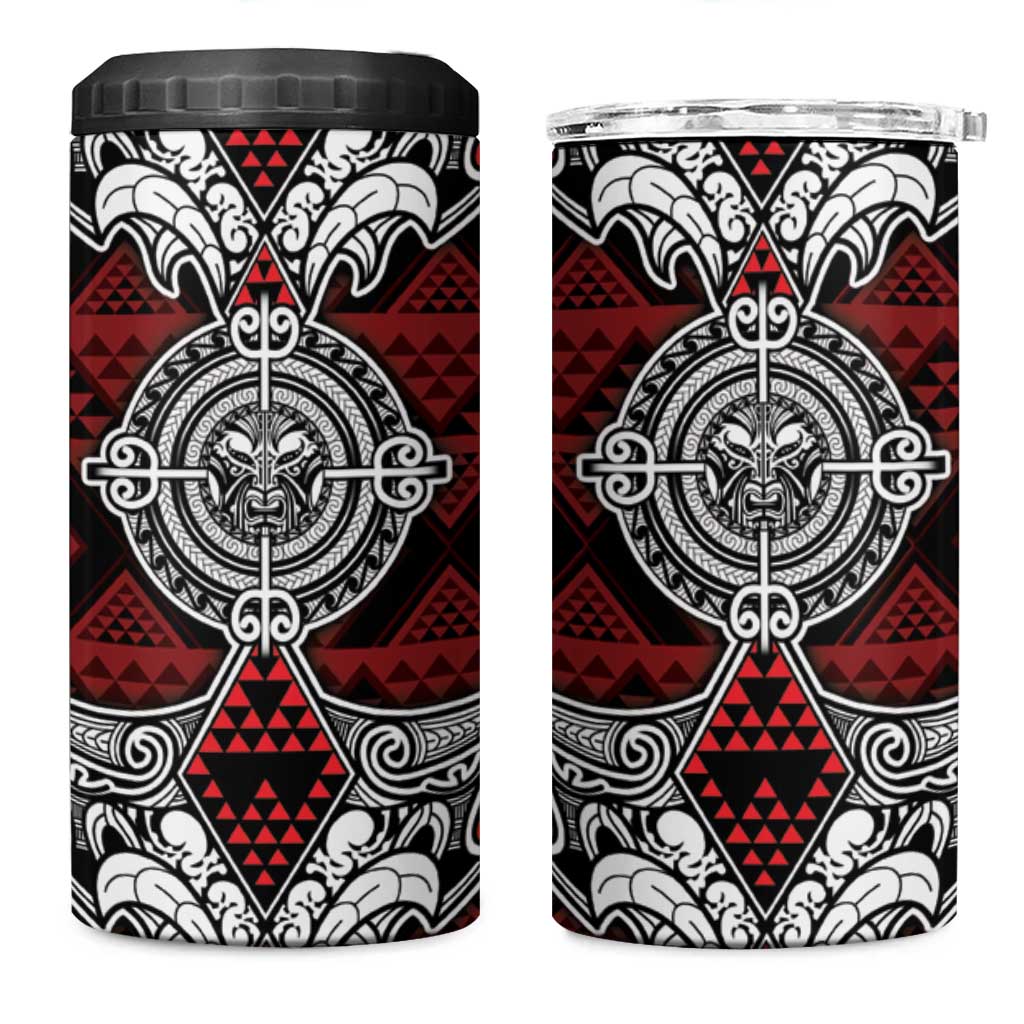Red Aotearoa Taniko Motif 4 in 1 Can Cooler Tumbler Vintage Maori New Zealand Tribal Art Pattern