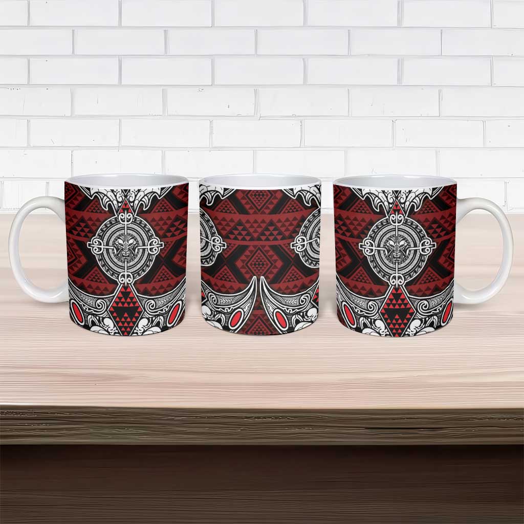 Red Aotearoa Taniko Motif Ceramic Mug Vintage Maori New Zealand Tribal Art Pattern - Polynesian Pride