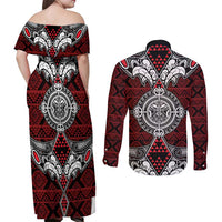 Red Aotearoa Tanilo Motif Couples Matching Off Shoulder Maxi Dress and Long Sleeve Button Shirt Vintage Maori New Zealand Tribal Art Pattern