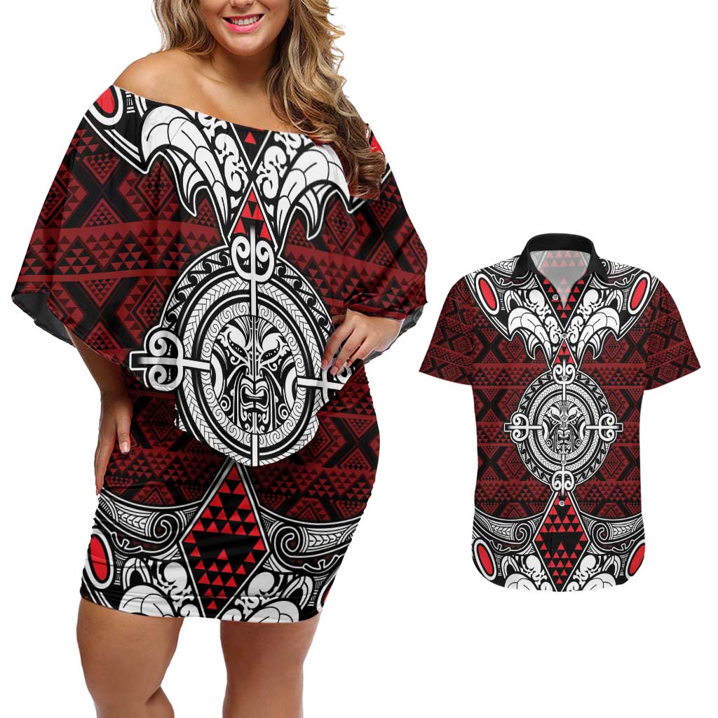 Red Aotearoa Tanilo Motif Couples Matching Off Shoulder Short Dress and Hawaiian Shirt Vintage Maori New Zealand Tribal Art Pattern