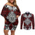 Red Aotearoa Tanilo Motif Couples Matching Off Shoulder Short Dress and Long Sleeve Button Shirt Vintage Maori New Zealand Tribal Art Pattern