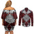 Red Aotearoa Tanilo Motif Couples Matching Off Shoulder Short Dress and Long Sleeve Button Shirt Vintage Maori New Zealand Tribal Art Pattern
