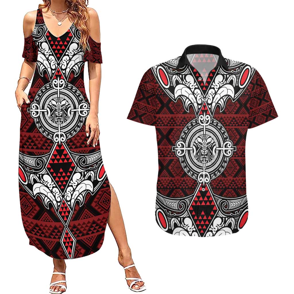 Red Aotearoa Tanilo Motif Couples Matching Summer Maxi Dress and Hawaiian Shirt Vintage Maori New Zealand Tribal Art Pattern