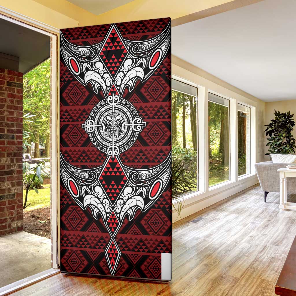 Red Aotearoa Taniko Motif Door Cover Vintage Maori New Zealand Tribal Art Pattern - Polynesian Pride