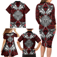Red Aotearoa Tanilo Motif Family Matching Long Sleeve Bodycon Dress and Hawaiian Shirt Vintage Maori New Zealand Tribal Art Pattern