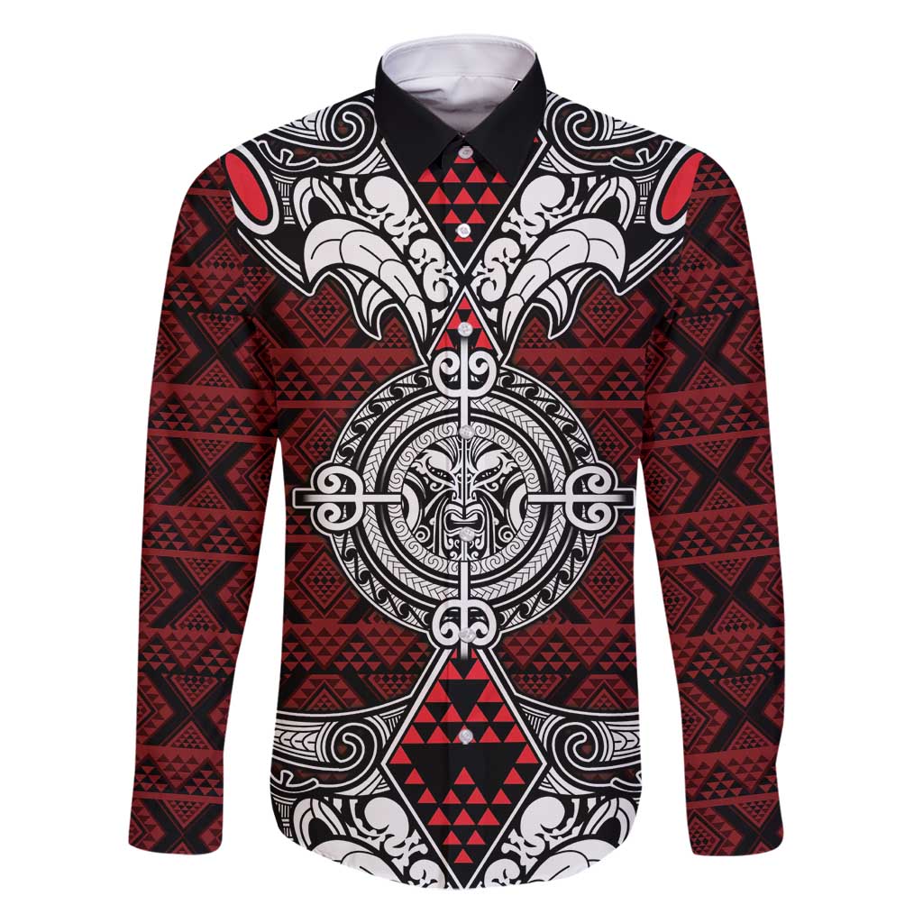 Red Aotearoa Tanilo Motif Family Matching Long Sleeve Bodycon Dress and Hawaiian Shirt Vintage Maori New Zealand Tribal Art Pattern