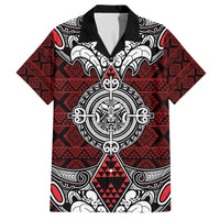 Red Aotearoa Tanilo Motif Family Matching Off The Shoulder Long Sleeve Dress and Hawaiian Shirt Vintage Maori New Zealand Tribal Art Pattern