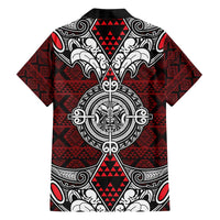 Red Aotearoa Tanilo Motif Family Matching Off Shoulder Short Dress and Hawaiian Shirt Vintage Maori New Zealand Tribal Art Pattern
