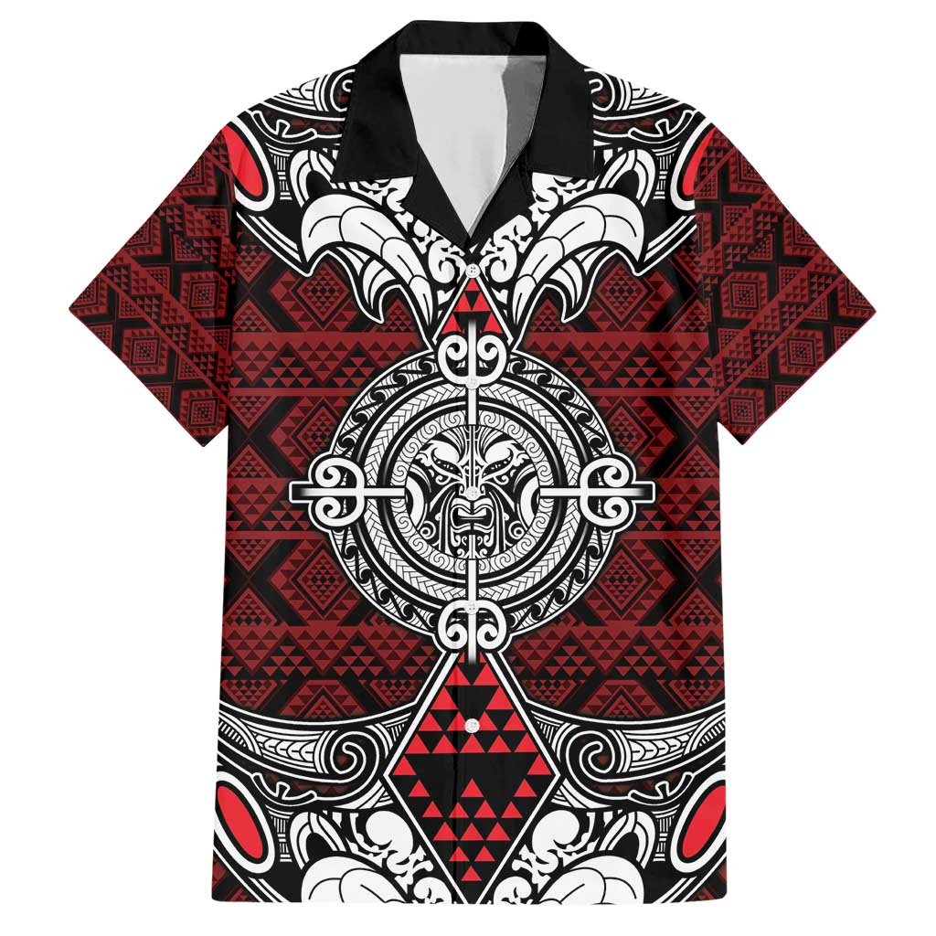 Red Aotearoa Tanilo Motif Family Matching Short Sleeve Bodycon Dress and Hawaiian Shirt Vintage Maori New Zealand Tribal Art Pattern