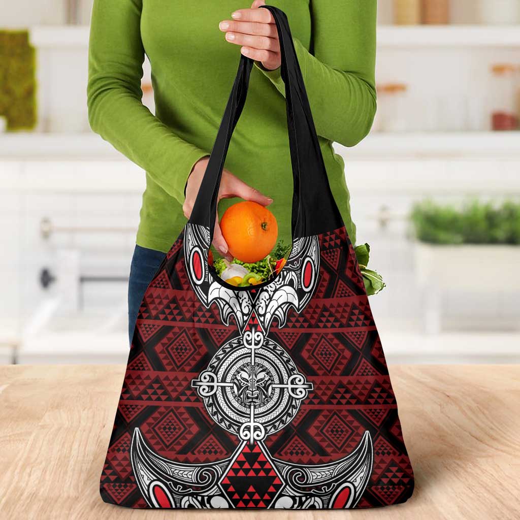 Red Aotearoa Taniko Motif Grocery Bag Vintage Maori New Zealand Tribal Art Pattern