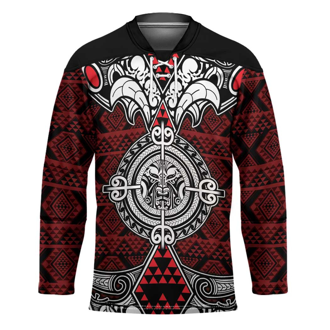 Red Aotearoa Taniko Motif Hockey Jersey Vintage Maori New Zealand Tribal Art Pattern - Polynesian Pride