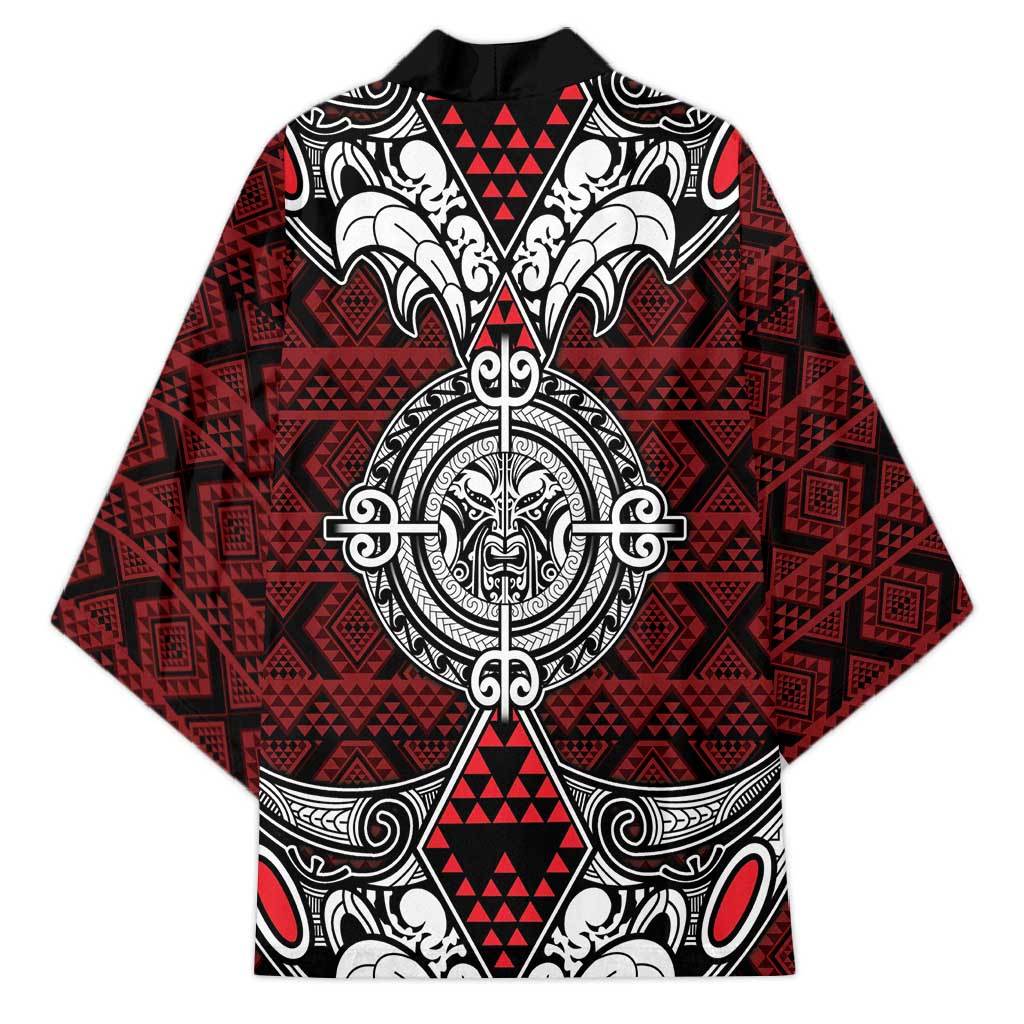 Red Aotearoa Taniko Motif Kimono Vintage Maori New Zealand Tribal Art Pattern - Polynesian Pride