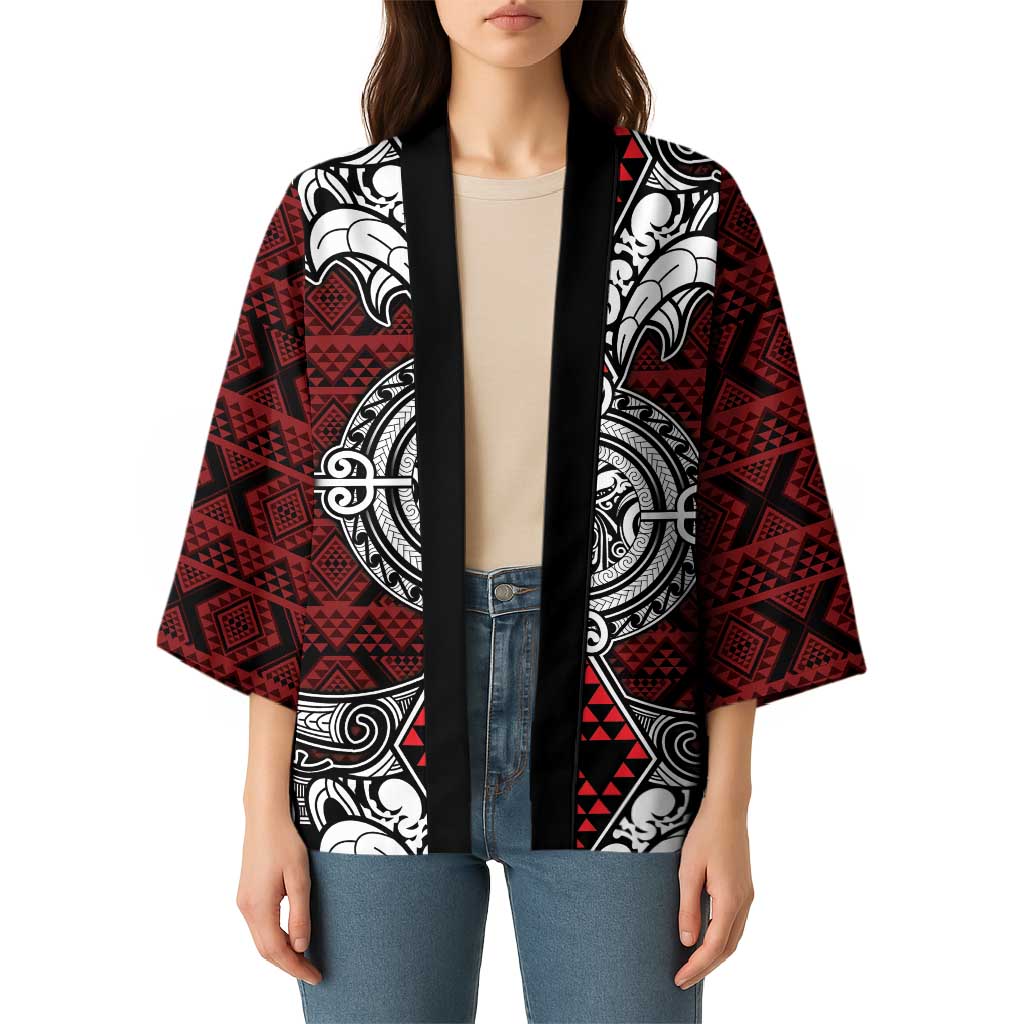 Red Aotearoa Taniko Motif Kimono Vintage Maori New Zealand Tribal Art Pattern - Polynesian Pride