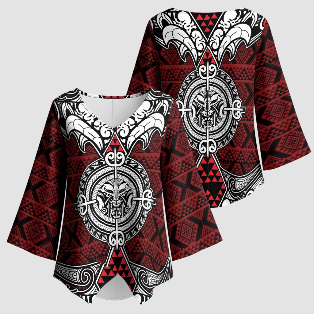 Red Aotearoa Taniko Motif Kimono Sleeve Blouse Vintage Maori New Zealand Tribal Art Pattern - Polynesian Pride