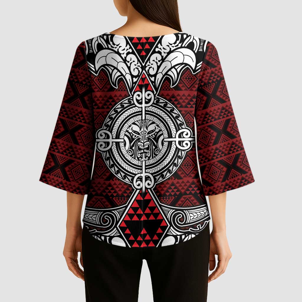 Red Aotearoa Taniko Motif Kimono Sleeve Blouse Vintage Maori New Zealand Tribal Art Pattern - Polynesian Pride
