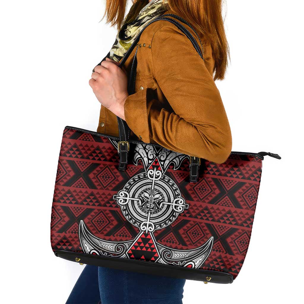 Red Aotearoa Taniko Motif Leather Tote Bag Vintage Maori New Zealand Tribal Art Pattern