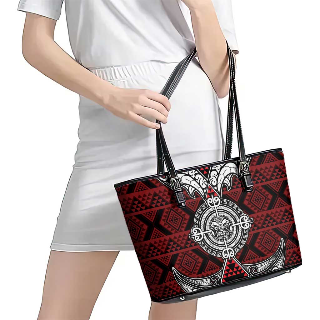Red Aotearoa Taniko Motif Leather Tote Bag Vintage Maori New Zealand Tribal Art Pattern