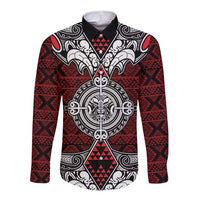 Red Aotearoa Tanilo Motif Long Sleeve Button Shirt Vintage Maori New Zealand Tribal Art Pattern